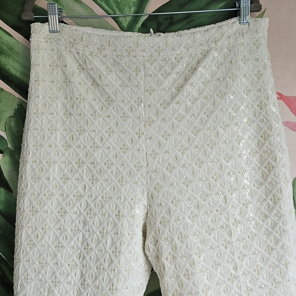 NADINE MERABI MEGHAN White Beige Flare Embroidered Sequin Velvet Trousers Pants - Picture 15 of 16